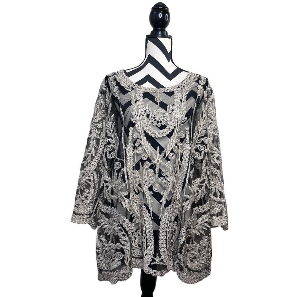 Whimsigoth Witchy Floral Embroidered Lace Sheer Mesh Tunic Top Sz 26/28W